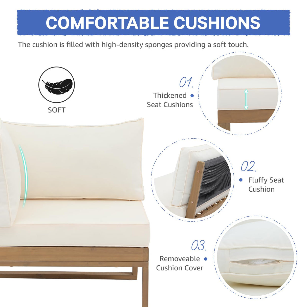 Soleil Jardin 4 Piece Acacia Wood Patio Furniture L-Shaped Outdoor Sectional Sofa Set with Coffee Table, FSC Certified Conversation Set with Built-in Side Table and Cream White Cushions for Garden Soleil Jardin