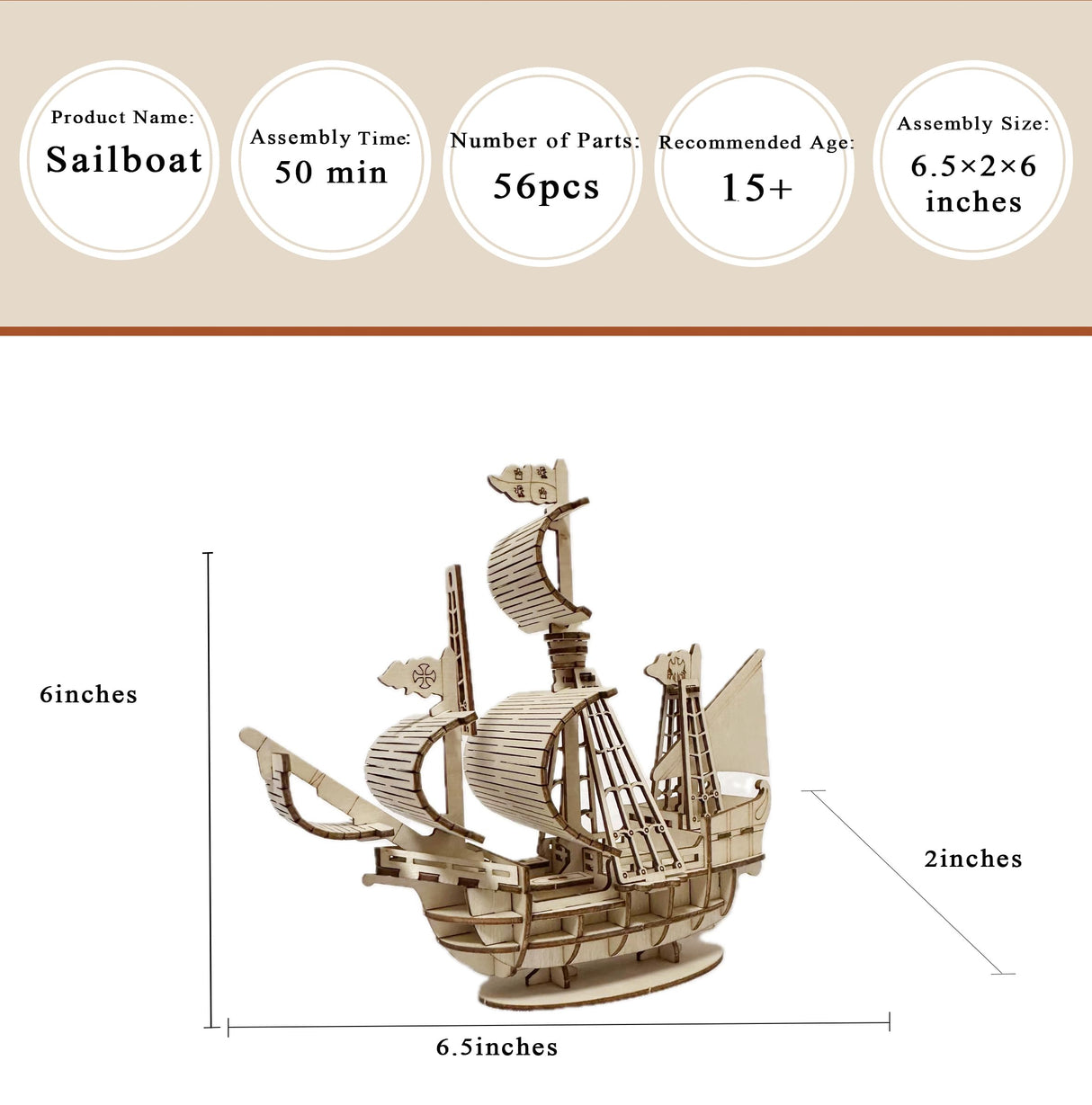 MPIUET 3D Wooden Puzzles for Adults Wooden Sailing Ship Model Kits for Adults, Wooden Watercraft Sailboat Model, 3D Jiasaw Puzzles, 3D Brain Teaser Puzzles, 6.5" × 2" × 6" MPIUET