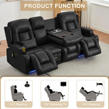 URRED Loveseat Recliner Sofa with Massage and Heat, Power Reclining Loveseat Sofa RV Couch with Console and Middle Seat, 3-Seater Home Theater Seating with LED Lights, Faux Leather, Black URRED