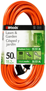 Woods 0723 16/2 SJTW General Purpose Extension Cord, Medium Duty, Ideal for Landscaping and Powering Appliances, Water Resistant Flexible Vinyl Jacket, Durable Molded Plug, 50 Foot, Orange Woods