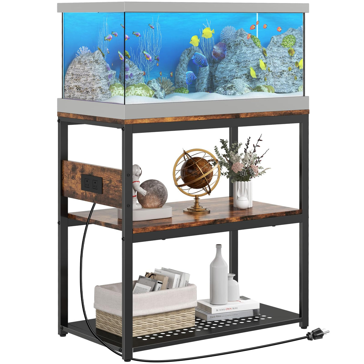 Livofloral 20-29 Gallon Fish Tank Stand With Power Outlets, 3-Tier Metal Aquarium Stand, Breeder Reptile Tank Stand with Shelf for Home Office, 500LBS Capacity, 29.5 x 15.8 x 30.1 inches Livofloral