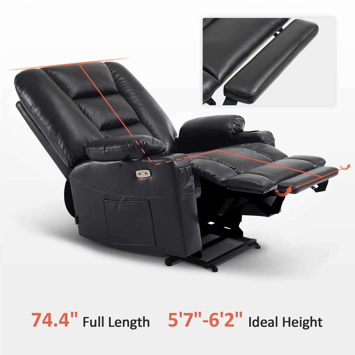 MCombo Oversized Power Lift Recliner Chair with Massage and Heat for Big and Tall Elderly People, Cup Holders, USB Ports, Side Pockets, Faux Leather R7541 (Black, Large-Oversize) MCombo