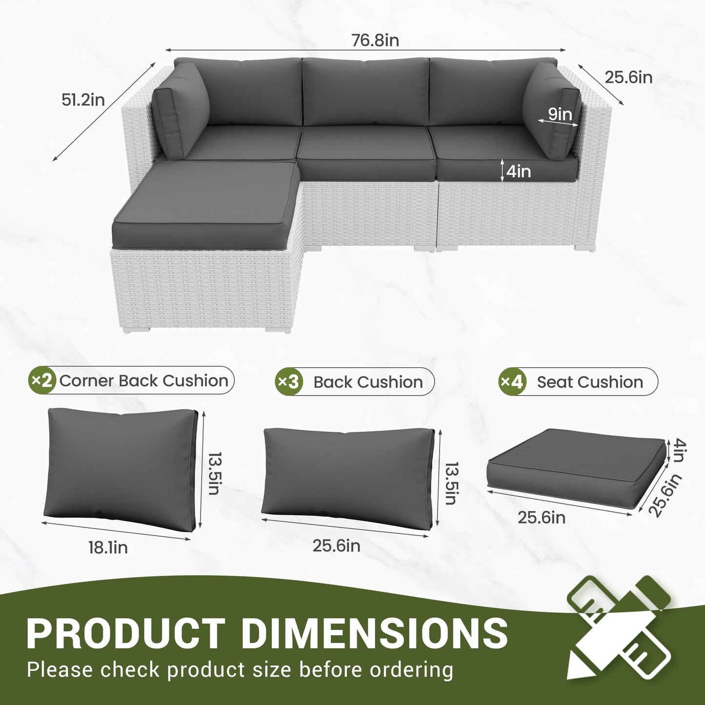 Amopatio Patio Furniture Cushions, Replacement Outdoor Cushions for 4-Seat Patio Furniture, Waterproof Cushions for Outdoor Sectional Sofa Couch(Dark Grey)