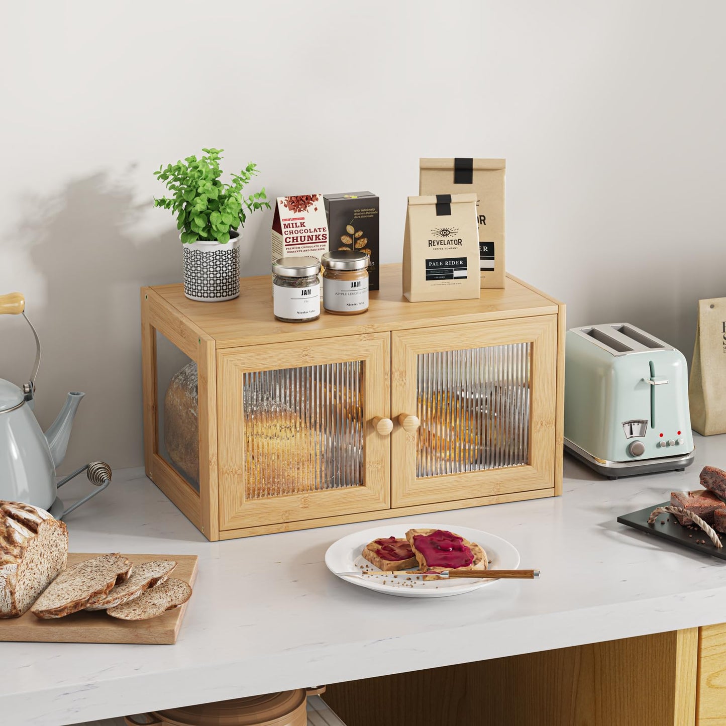 BAMBANG Bamboo Bread Box for Kitchen Counter, Bread Bin Farmhouse Bread Box with 2 Doors, Wooden Breadbox Bread Storage Container Holder for Homemade Bread, Natural - WoodArtSupply