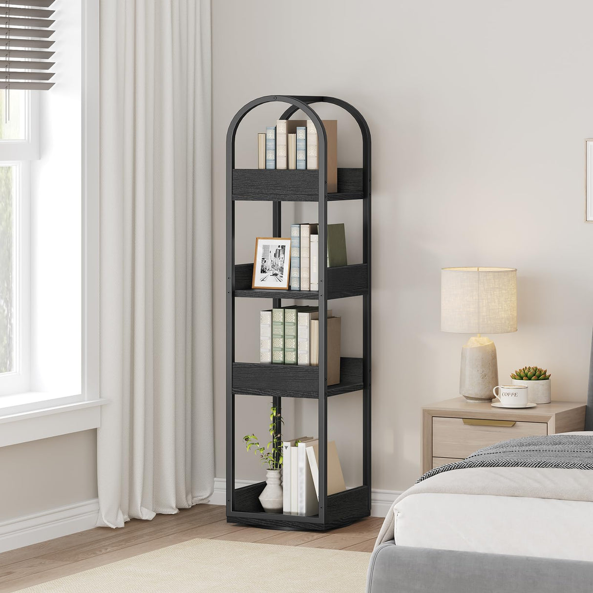 MAHANCRIS 4-Tier Bookshelf, Rotating Bookcase, 360° Spinning Book Shelf, Rotate Corner Book Shelve, Storage Rack, for Study, Home Office, Black BKBK3401 MAHANCRIS