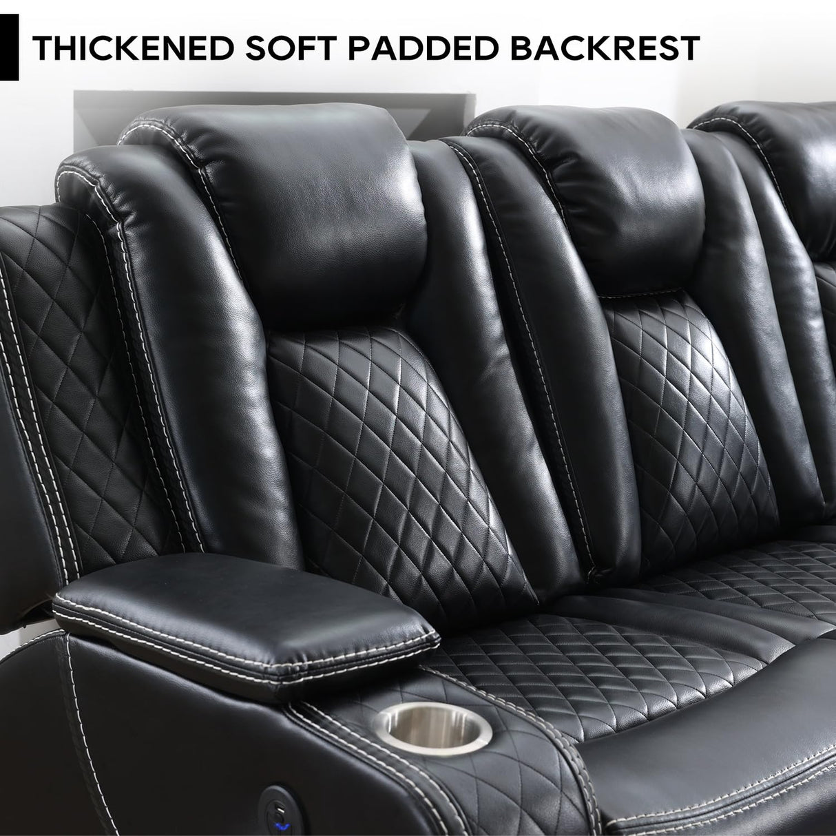 Power Recliner Sofa Set with Bass Speaker for Living Room,Faux Leather 3 Seater Reclining Sofa and Loveseat Seating Couch w/ Wireless Charger,Reading Light,LED Lights,Home Theater Love seat Sets,Black Comfort Stretch