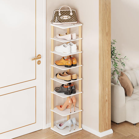 LUCKNOCK Vertical Shoe Rack, 8-Tier Tall Narrow Shoe Organizer for Entryway, Closet, Dorm & Small Spaces, Freestanding White Wooden Shoe Shelf Tower for Boots, Sneakers, Heels. LUCKNOCK