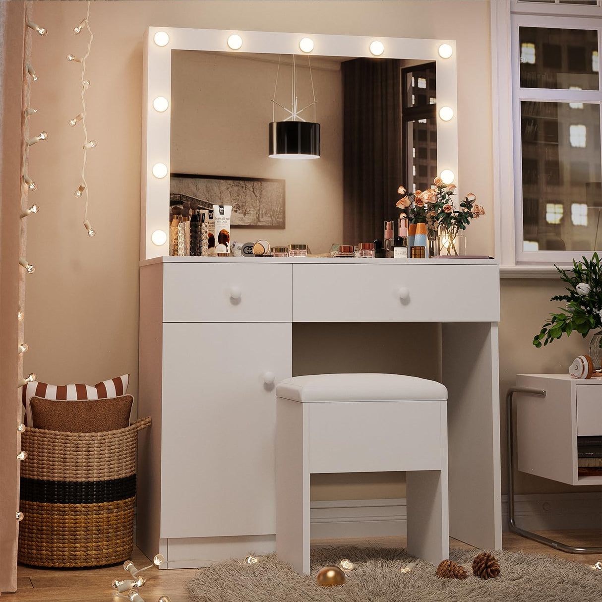 Haewon Vanity Desk with Mirror, 11 LED Lights and Power Outlet, Makeup Vanity Set with Storage Cabinet, Drawers and Chair, White Dressing Table with 3 Adjustable Light Modes for Bedroom Haewon