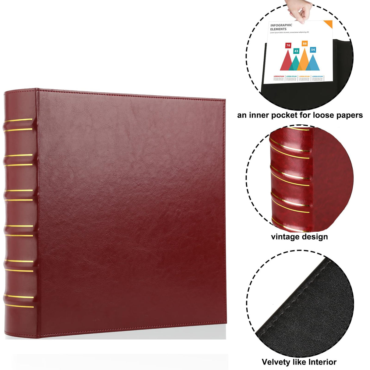 Vintage 3 Ring Binder, 2 Inch Capacity D Ring Leather Binder, Classical Collection Executive Presentation View Binder with Pocket, Professional Binder Organizer Planner (Holds 400 Sheets), Dark Red LETVPVOW