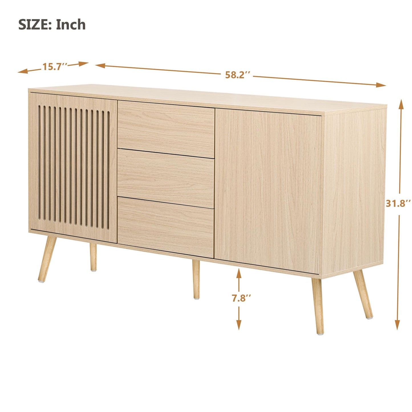 Amposei Modern Sideboard Buffet Cabinet 58.2-Inch Wooden Credenza TV Stand Console Storage Cabinet with Drawers & Adjustable Shelves for Living Dining Room, Natural