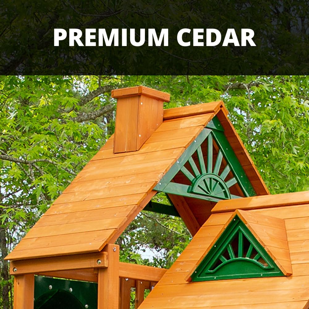 Gorilla Playsets 01-0055-AP Pioneer Peak Treehouse Wooden Swing Set with Amber Posts, Tire Swing, Slide and Tower with Clatter Bridge, Brown Gorilla Playsets