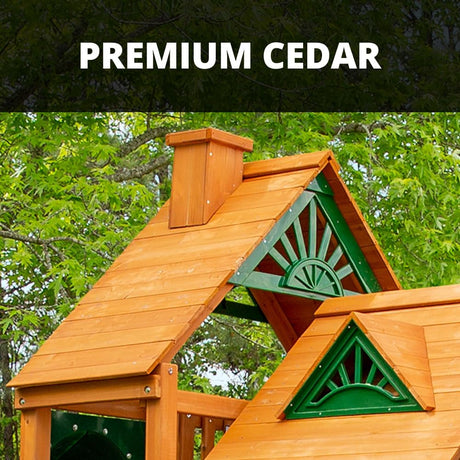 Gorilla Playsets 01-0055-AP Pioneer Peak Treehouse Wooden Swing Set with Amber Posts, Tire Swing, Slide and Tower with Clatter Bridge, Brown Gorilla Playsets