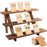 ZYP 51pcs 3-Tier Wood Earring Display Stand, Retail Jewelry Card Stand with Groove + 50 Cards Portable Ring Organizer Holder Showcase Racks for Business Home Using ZYP