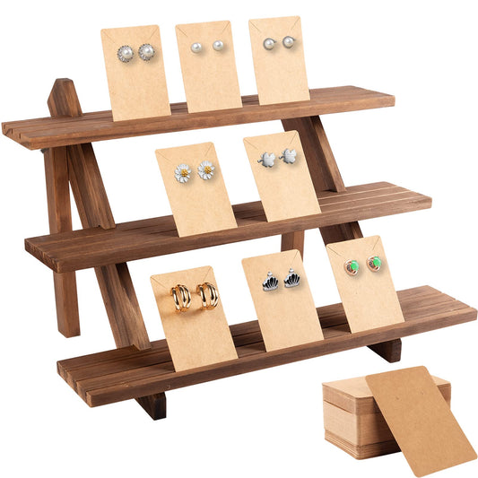 ZYP 51pcs 3-Tier Wood Earring Display Stand, Retail Jewelry Card Stand with Groove + 50 Cards Portable Ring Organizer Holder Showcase Racks for Business Home Using