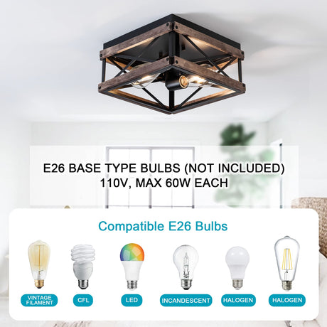 Mayful Flush Mount Light Fixture, 2-Light Rustic Ceiling Light Combine with Metal and Wood Frame, Farmhouse Ceiling Light for Kitchen Hallway Entryway Bedroom Porch Living Room Mayful
