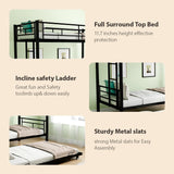 Twin Over Twin Bunk Bed with Trundle, Metal Bunk Beds with 2 Ladder and Guardrails, Convertible Triple Bunk Bed for Kids, Teens and Adults, No Box Spring Needed, Space Saving (Black) AYJOIR