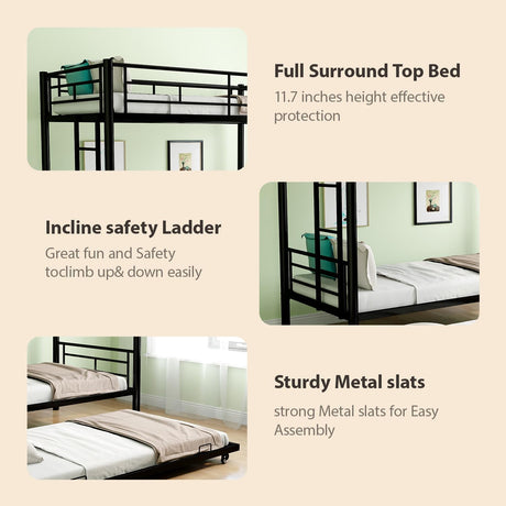 Twin Over Twin Bunk Bed with Trundle, Metal Bunk Beds with 2 Ladder and Guardrails, Convertible Triple Bunk Bed for Kids, Teens and Adults, No Box Spring Needed, Space Saving (Black) AYJOIR