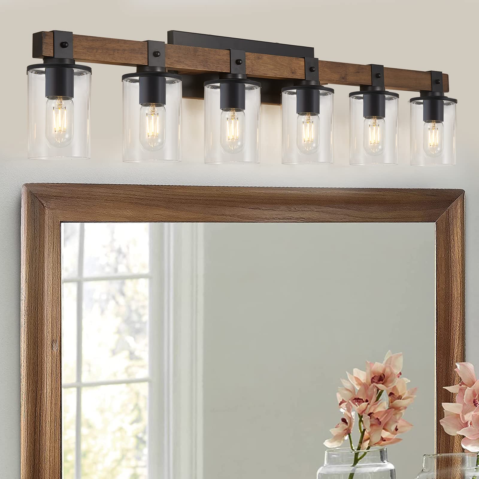 DUJAHMLAND 6-Light Wood Vanity Light,40.5 inch Farmhouse Bathroom Metal Wall Sconce with Cylinder Clear Glass Shade,Industrial Wall Light Fixtures for Hallway,Kitchen,Bedroom(Wood, 6-Light) - WoodArtSupply