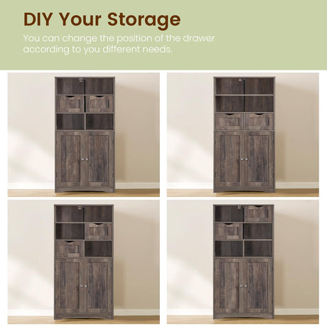 Iwell Tall Storage Cabinet with 2 Drawers & Adjustable Shelves, Bathroom Cabinet with Doors, Cupboard, Floor Cabinet for Living Room, Bedroom, Entryway, Rustic Gray Iwell