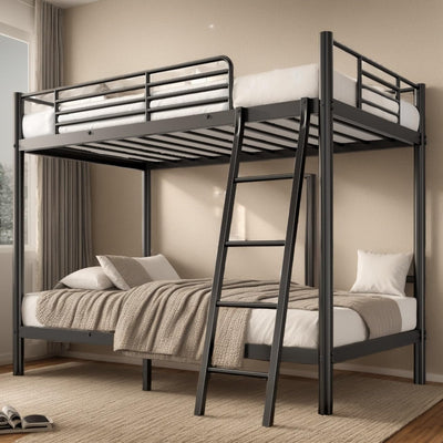 soges Twin Over Twin Metal Bunk Bed with Ladder & Guardrail, Heavy Duty Metal Bed Frame for Teens Adults, Black
