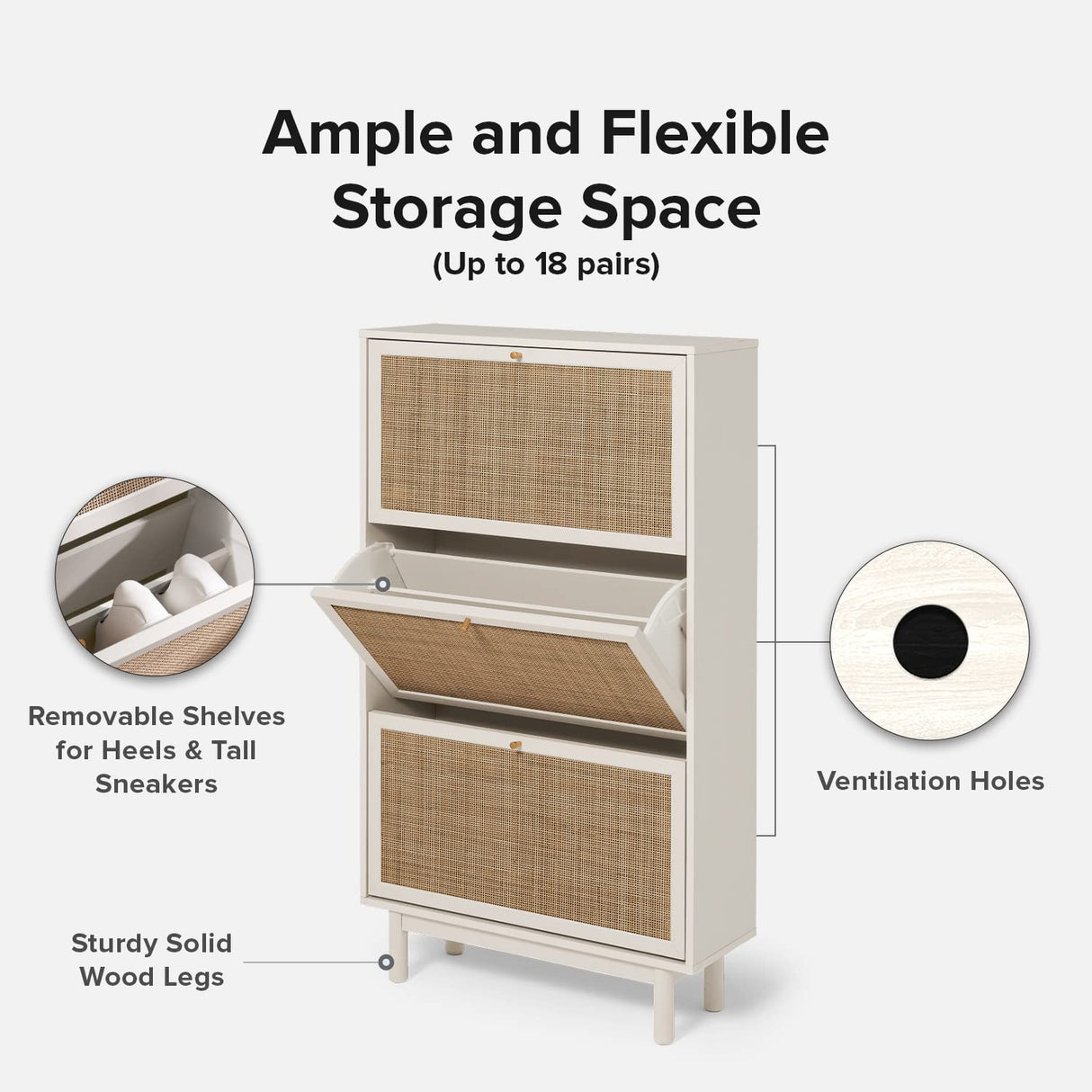 mopio Hannah Shoe Cabinet, Natural Rattan Farmhouse Shoe Organizer, Shoe Storage, Closet Shoe Rack for Entryway, with Spacious Storage Cabinet, Shelves, Sturdy Solid Wood Legs (Whitewash) mopio