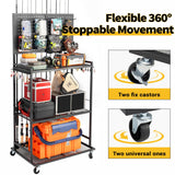 SOYEEZE Large Size Fishing Rod Holders for Garage, 3-Tier Fishing Pole Rack with Pegboard and Hooks, Fishing Gear Tackle Box Organizer Up to 12 Rods, Rolling Fishing Storage Cart with Lockable Wheels SOYEEZE