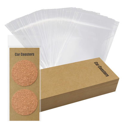 LOTMER 100Pcs Car Coasters Packaging for Selling, Sublimation Car Coasters Cards with 100 PCS Hanging Bags, Coasters Display Cards for Packaging Car Coasters (Brown)