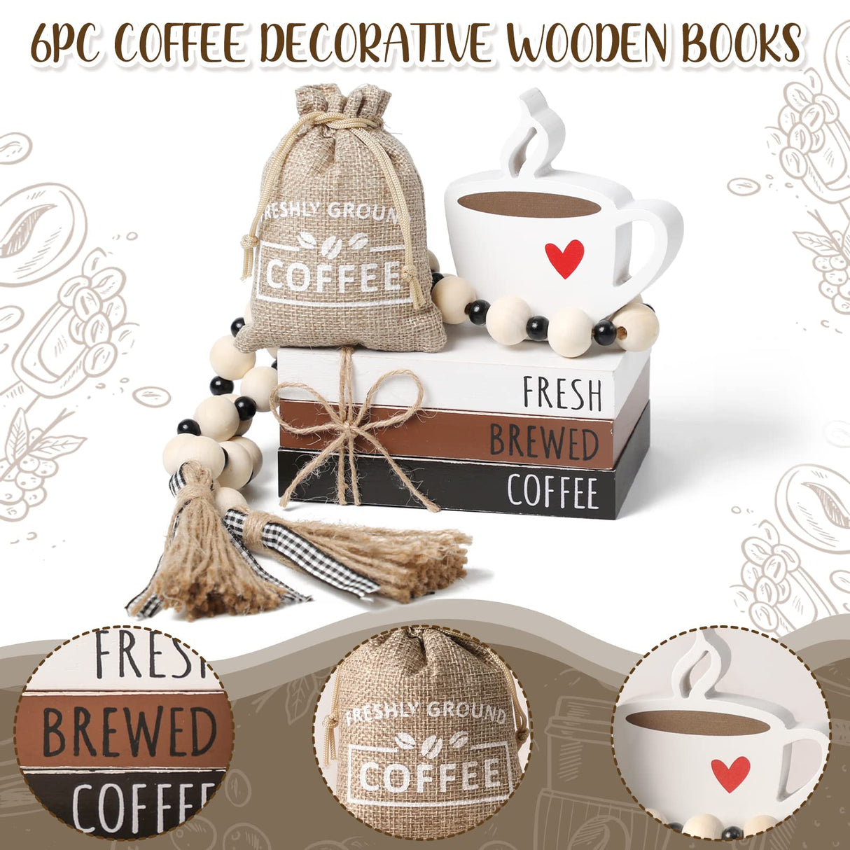 6 PCS Coffee Bar Decor Mini Coffee Bar Accessories Coffee Bar Sign Coffee Tiered Tray Decor Coffee Wooden Book Stacks Rustic Farmhouse Coffee Table Sign WODOHOLO