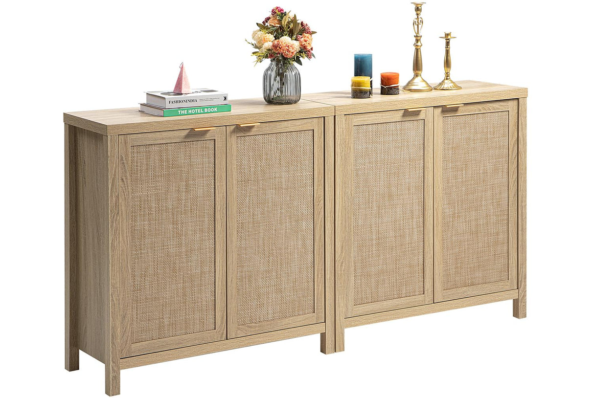 SICOTAS Credenza Sideboard Buffet Cabinet - Boho Rattan Kitchen Storage Cabinet with 4 Rattan Decorated Doors - Accent Liquor Cabinet Buffet Console Table for Dining Room Hallway - 2 Pieces(Light Oak) SICOTAS