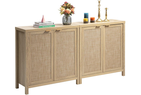 SICOTAS Credenza Sideboard Buffet Cabinet - Boho Rattan Kitchen Storage Cabinet with 4 Rattan Decorated Doors - Accent Liquor Cabinet Buffet Console Table for Dining Room Hallway - 2 Pieces(Light Oak) SICOTAS