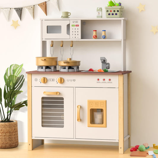 Babytronic Kids Play Kitchen, Wooden Kitchen Playset for Kids Ages 3+ with Real Lights, Sounds, Stove, Sink, Oven, and 30 Pcs Accessories, Toys Kitchen Small Pretend Play Kitchen for Toddlers (White)