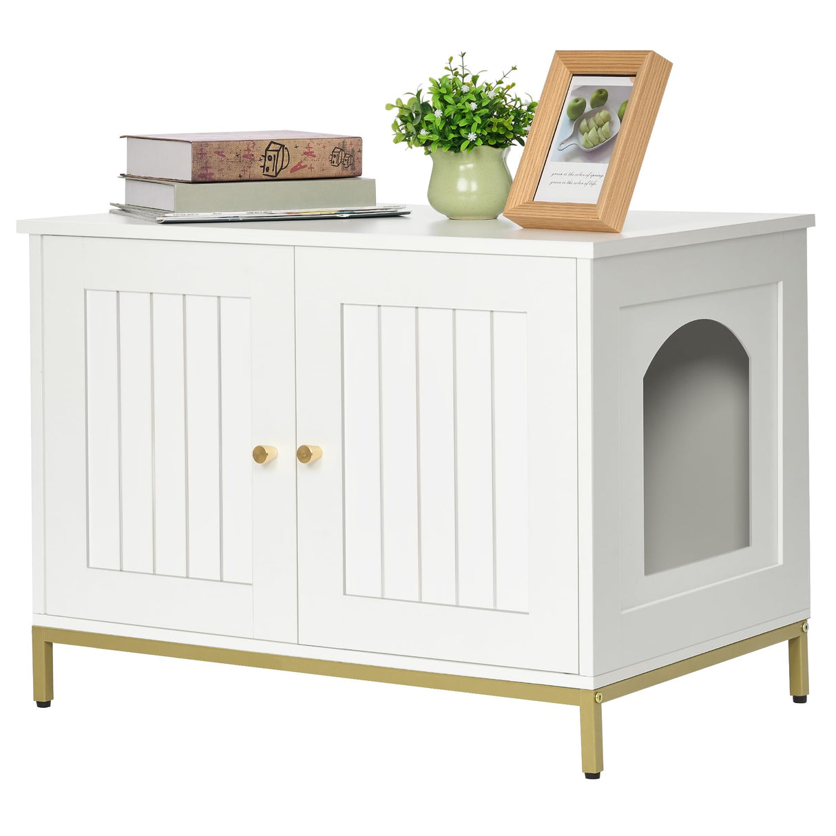 Homhedy Cat Litter Box Enclosure, Litter Box Furniture Hidden with Metal Frame, Cat Washroom Furniture, Cat House, Fit Most of Litter Box, Modern Style, White and Gold Homhedy