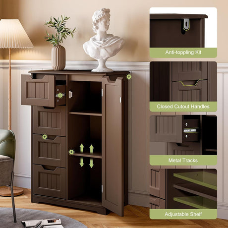 Gizoon Pantry Cabinet Storage Cupboard, Freestanding Wooden Dresser with 4 Drawers for Bathroom and Dining Room, 33" Dark Brown, Small Kitchen Pantry Storage Cabinet with Door and Shelves Gizoon