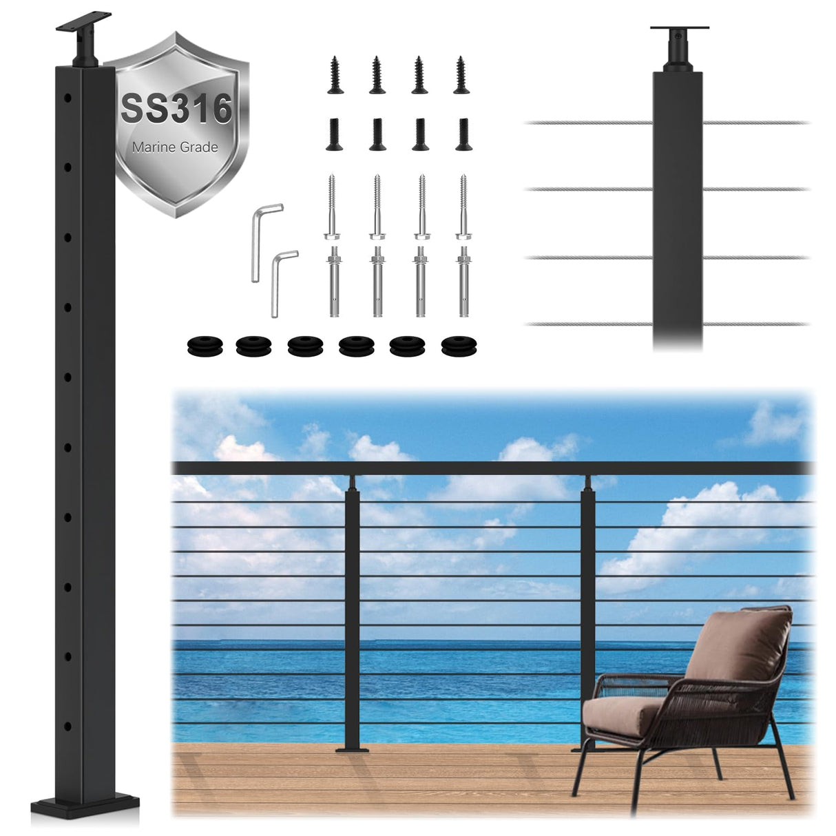 Zylorix 36" SS316 Cable Railing Post Level Drilled for Coastal Indoor Outdoor, 35"x2"x2" Stainless Steel Adjustable Top Post with Cable Grommets, DIY Cable Railing for Wood Concrete Deck, Black Zylorix