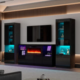 AMERLIFE 3 Piece Modern High Gloss Fireplace TV Stand + Bookcase Set for Living Room Includes 68" TV Stand with 40" Fireplace, 2 X Bookcase Storage Cabinet with Doors & 20 Colors LED Lights, Black AMERLIFE