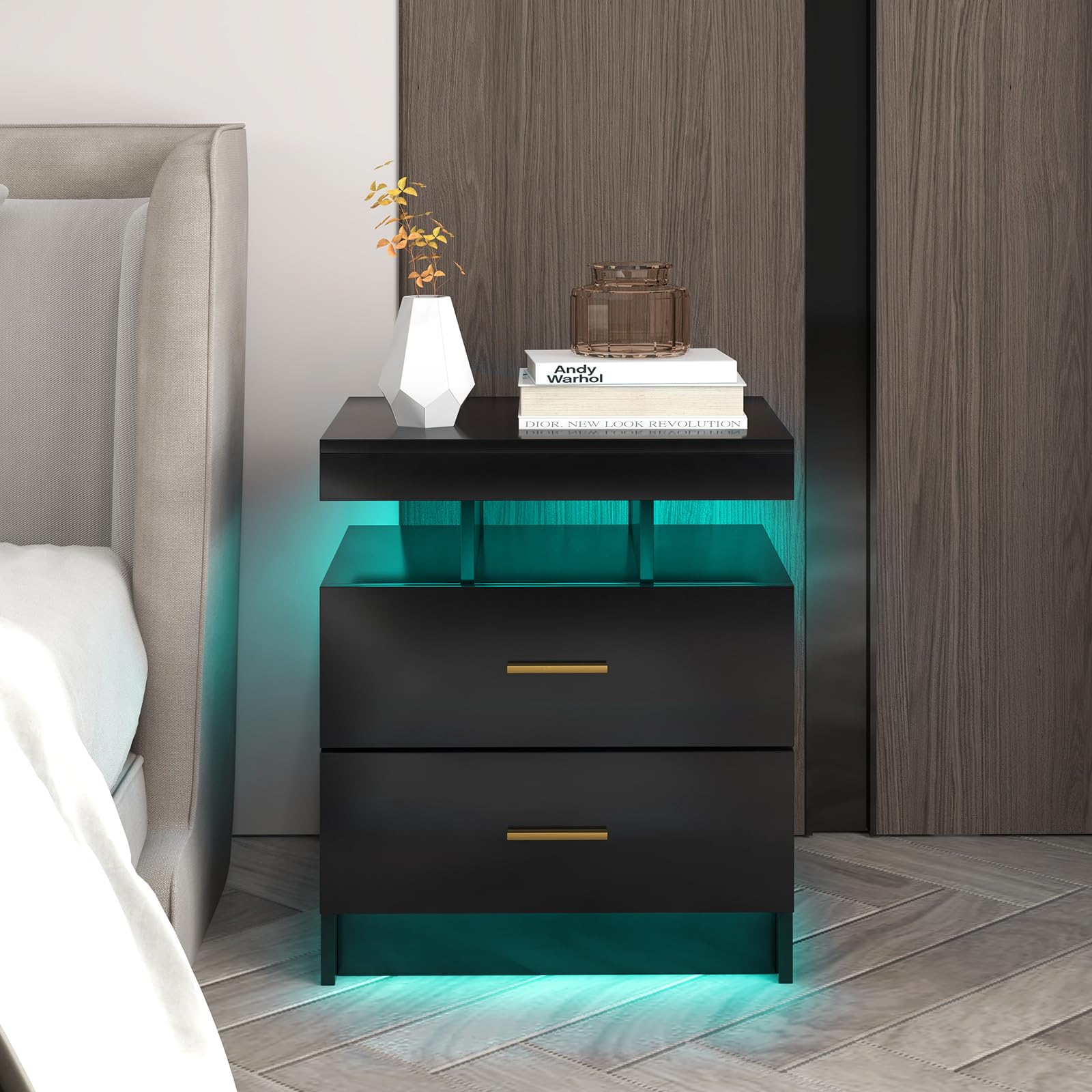 Giantex LED Nightstand, Modern Black Bedside Tables with 2 Storage Drawers, High Gloss End Side Table with Adjustable Light Mode, Smart Night Stand for Bedroom - WoodArtSupply