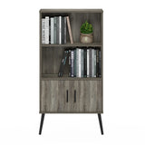 Furinno Claude Mid Century Style Accent Wooden Leg Bookcase Cabinet with Storage Organizer Shelves, French Oak Grey Furinno