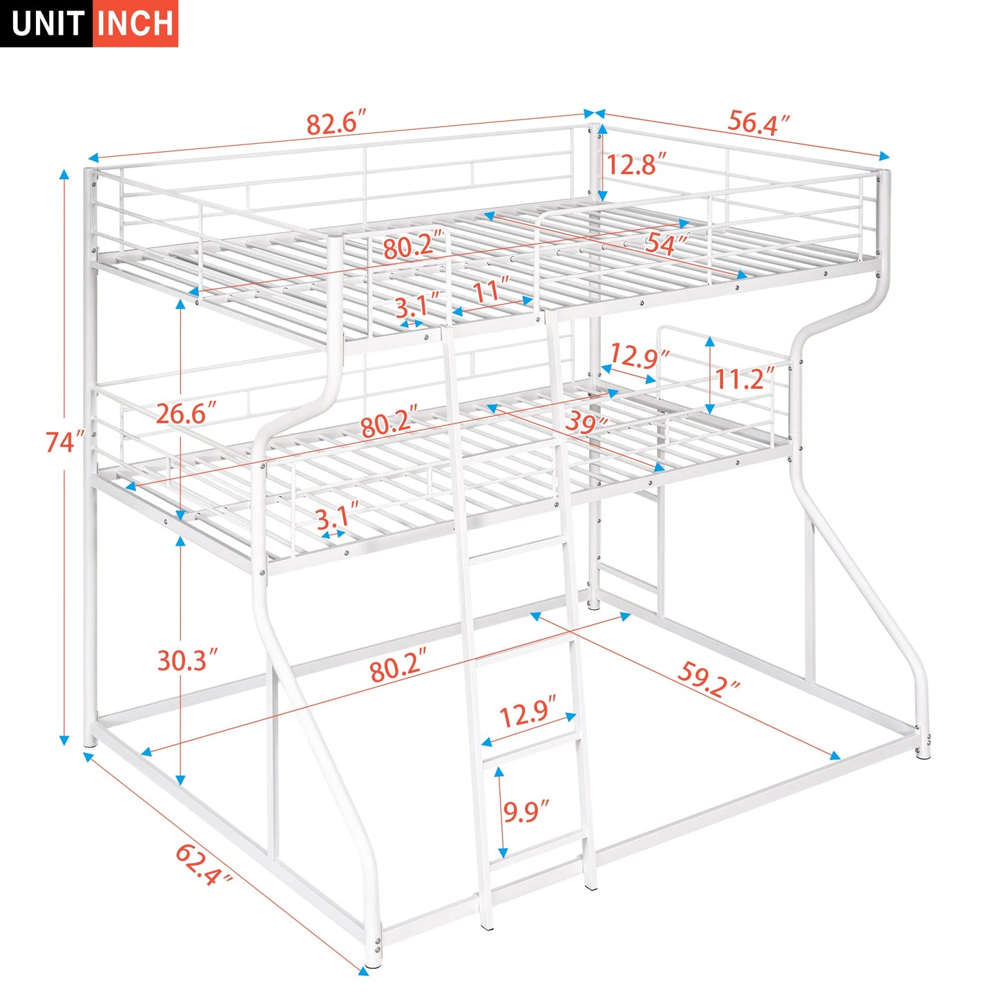 Metal Triple Bunk Beds, Full XL over Twin XL over Queen Bunk Beds for 3, Modern Style Heavy-Duty Steel Frame Bunk Bed with Safety Rail, Built-in Ladder for Bedroom, Dorm, Kids, Teens, Adults (White)