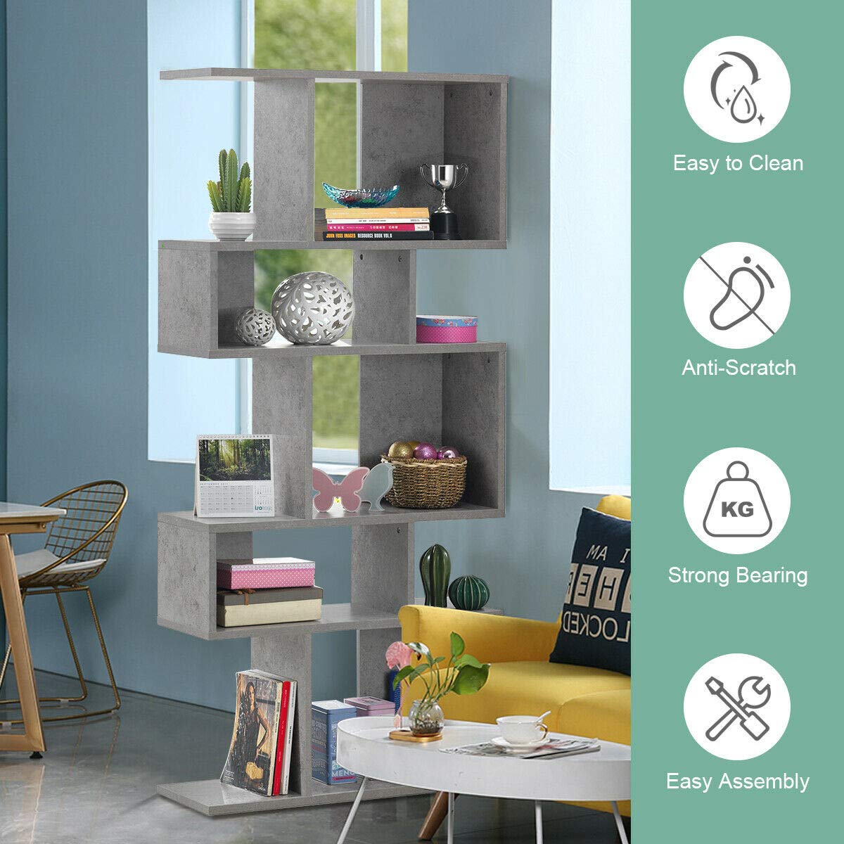 Giantex 5-Tier Modern Geometric Bookshelf – 70" Tall Freestanding S-Shaped Bookcase in Gray Giantex