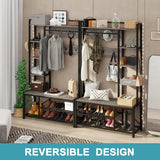 BON AUGURE Industrial Hall Tree with Bench and Shoe Storage, Grey Entryway Bench with Coat Rack, Wooden Metal Coat Tree with Hooks, 5 In 1 Multifunctional Shoe Bench and Wall Rack (Dark Gray Oak) BON AUGURE