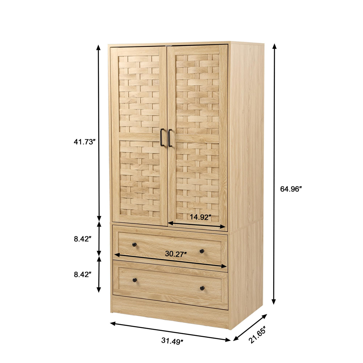QEIUZON Wardrobe Closet, Freestanding Closet Wardrobe Cabinet with Wide Drawers & Hanging Rod, Armoire for Bedroom, Kids' Room, Dorm (Natural) QEIUZON