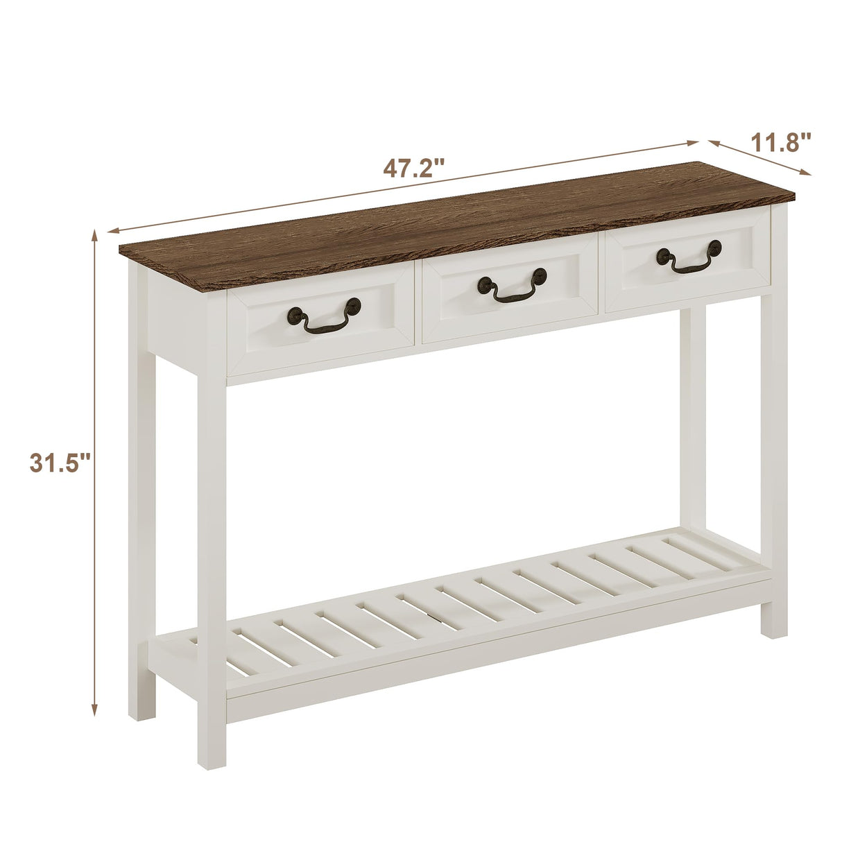 ChooChoo 47" Farmhouse Console Table with 3 Drawers, Rustic Entryway Table, Narrow Long Sofa Table for Living Room, Hallway, Behind Couch, Soft White and Brown ChooChoo