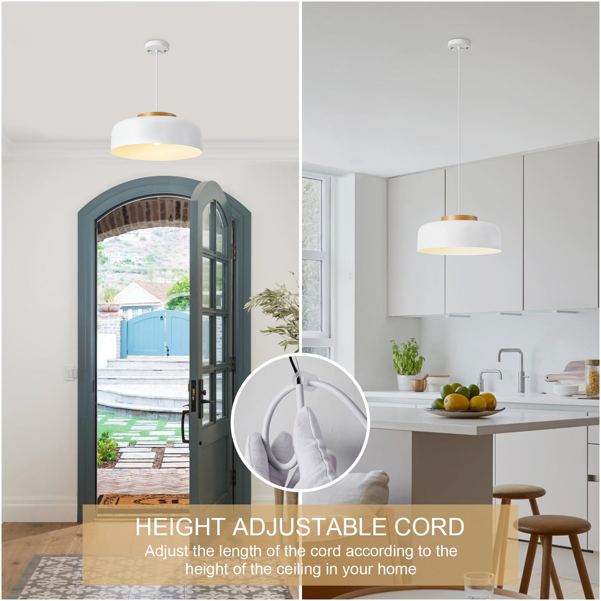 HUAWIYA Modern Pendant Lighting, 17.7 inch,Natural Wood Cap, Drum Simple Large Pendant Light Fixture Chadelier for Dining Table, Kitchen Island, Matte White HUAWIYA