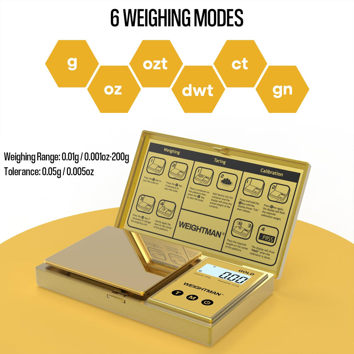 WEIGHTMAN Digital Scale Gram, 200g/0.01g Pocket Scale Gold Titanium Plating, LCD Backlit Display, Mini Jewelry Scale with 6 Units, Auto Off, Tare Function for Food, Coins, Battery Included WEIGHTMAN