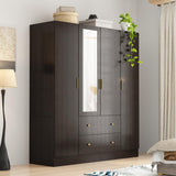 WOODTIME 4-Door Armoire Wardrobe Closet with Mirror, 63" L Modern Wooden Bedroom Armoire with 2 Drawers, 2 Hanging Bars & 7 Shelves, Black Brown WOODTIME
