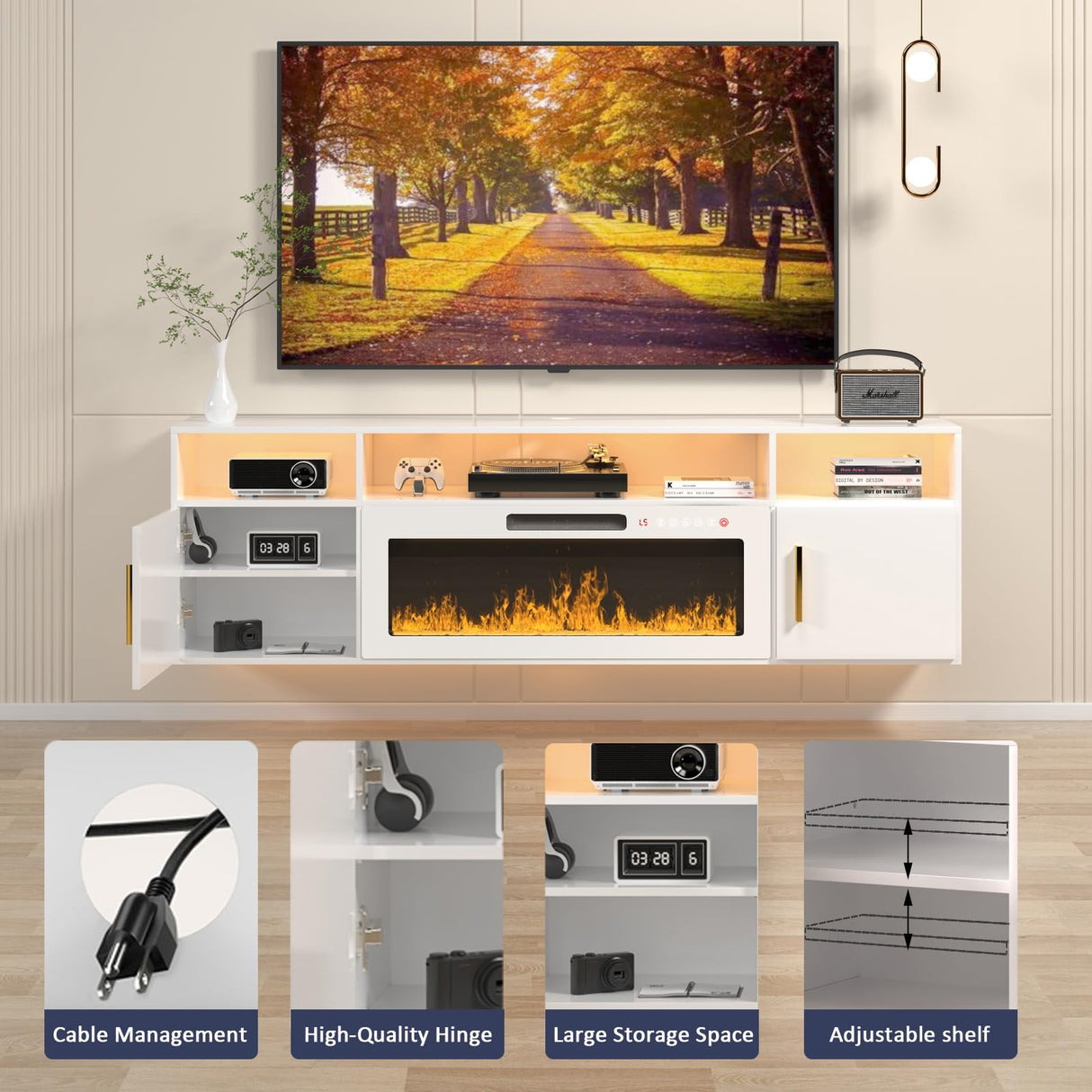 VENDORZ Floating TV Stand with Fireplace, 70" Floating Entertainment Center with White Fireplace, Wall Mounted Electric Fireplace TV Stand for Living Room Media Console with Storage Up to 80" TVs VENDORZ