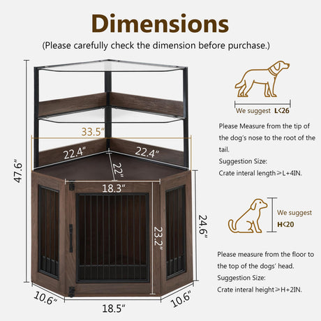 MCombo Corner Dog Crate Furniture with Glass Shelves, Wooden Dog Kennel Furniture with Door, Pet Crate Indoor Use, CN17 (Brown) MCombo