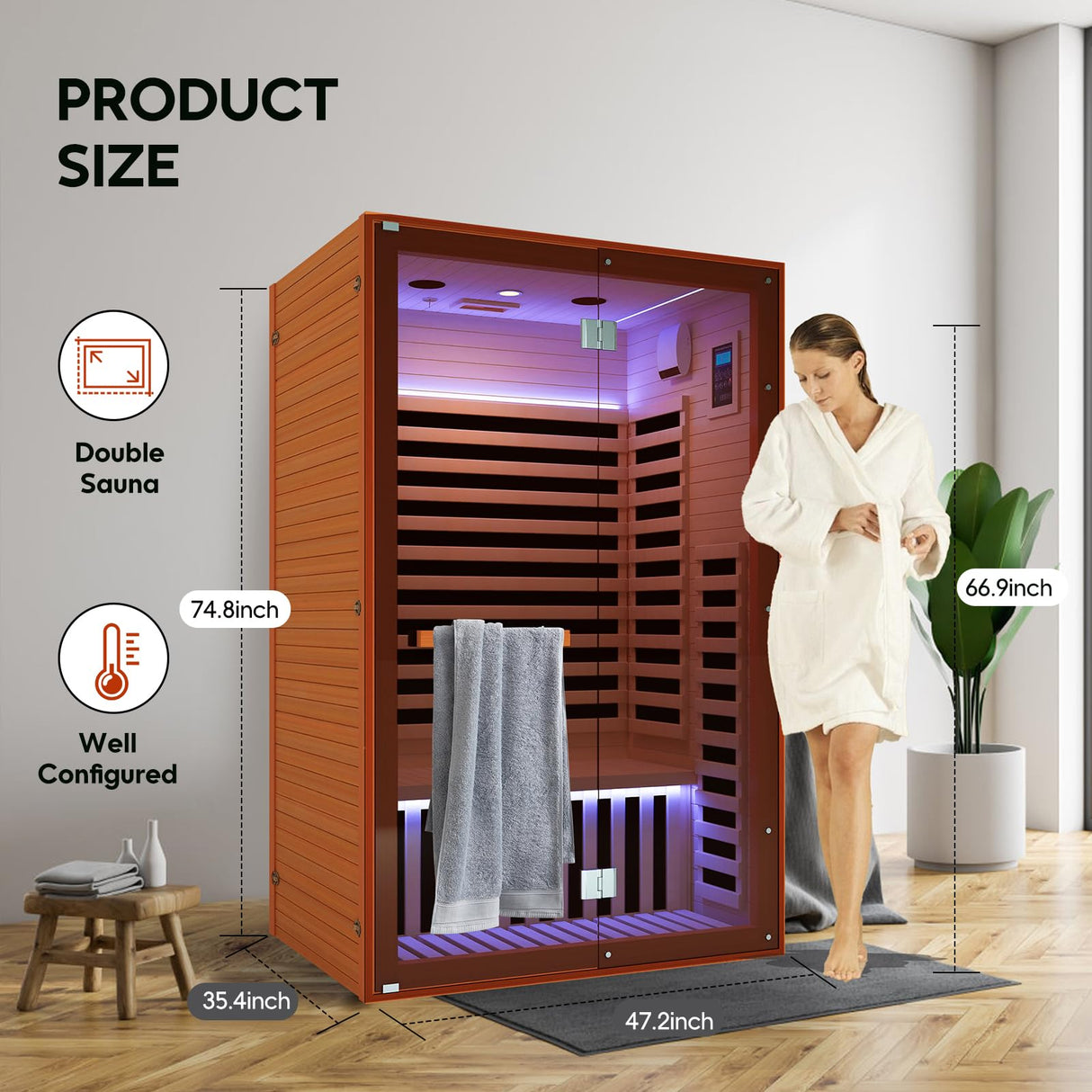 OUTEXER Far Infrared Sauna Home Sauna Spa Room for 2 Person Low-EMF Canadian Hemlock Wood 1950W Indoor Saunas with Oxygen Bar 47.2 * 35.4 * 74.8Inch OUTEXER