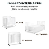 DaVinci Dylan Folding Portable 3-in-1 Convertible Mini Crib and Twin Bed in White, Greenguard Gold Certified DaVinci