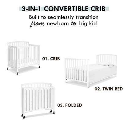 DaVinci Dylan Folding Portable 3-in-1 Convertible Mini Crib and Twin Bed in White, Greenguard Gold Certified